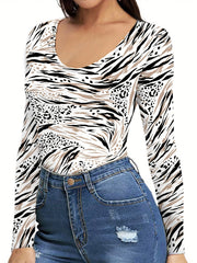 Women's Allover Print Crew Neck Bodysuit Long Sleeve