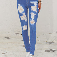 High Rise Skinny Jeans Distressed Medium Wash Denim Pants
