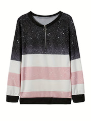 Block Zip V Neck Sweatshirt for Women