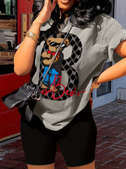 Cartoon Bear Print Tee & Solid Shorts Set