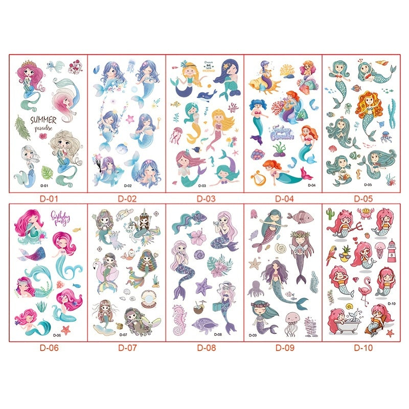 Waterproof Mermaid Tattoos for Kids - Set of 10 Sheets