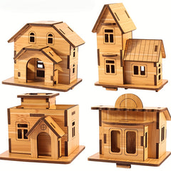 4pcs Mini Wooden 3D Puzzle Kit DIY Building Models Brain Teaser Educational Toy