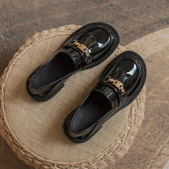 Metallic Decor Chunky Heel Loafers British Slip On Shoes