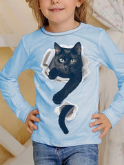 3D Kitty Graphic Long Sleeve T shirt Girls Comfy Tees