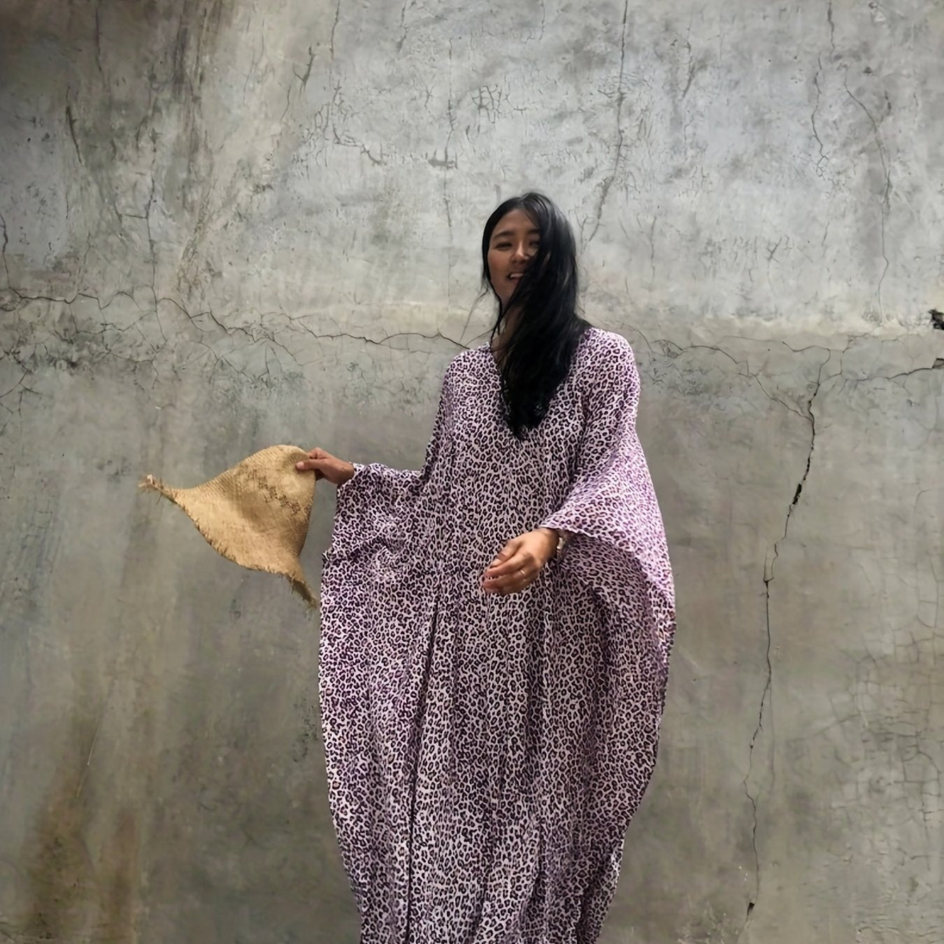 Boho Cover Up Women's Plus Leopard Print V Neck Split Maxi Kaftan