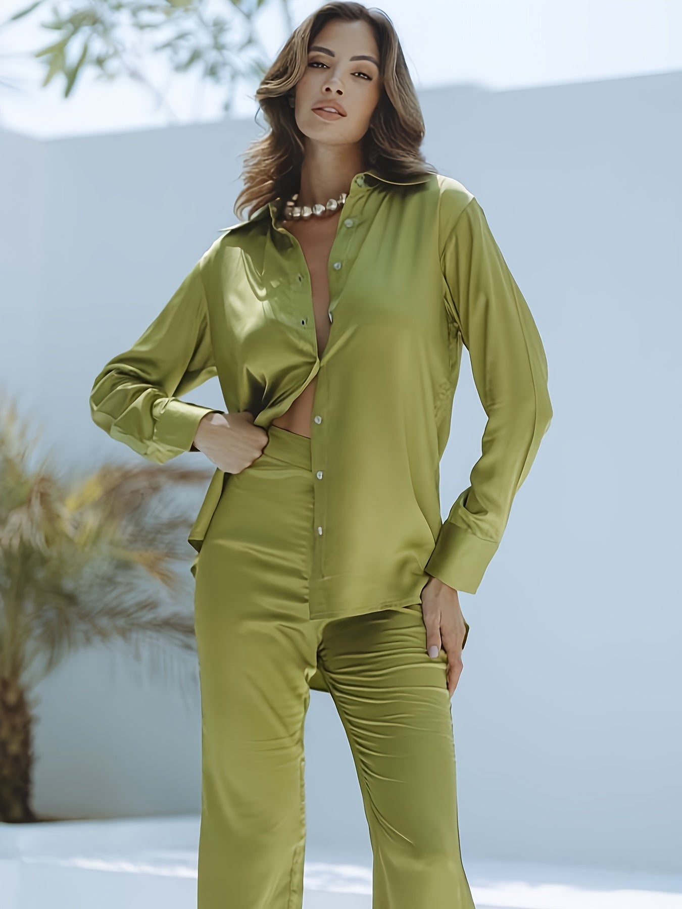 Solid Long Sleeve Button Up Shirt & Flared Leg Pants Set