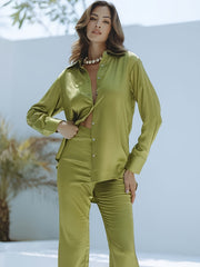 Solid Long Sleeve Button Up Shirt & Flared Leg Pants Set