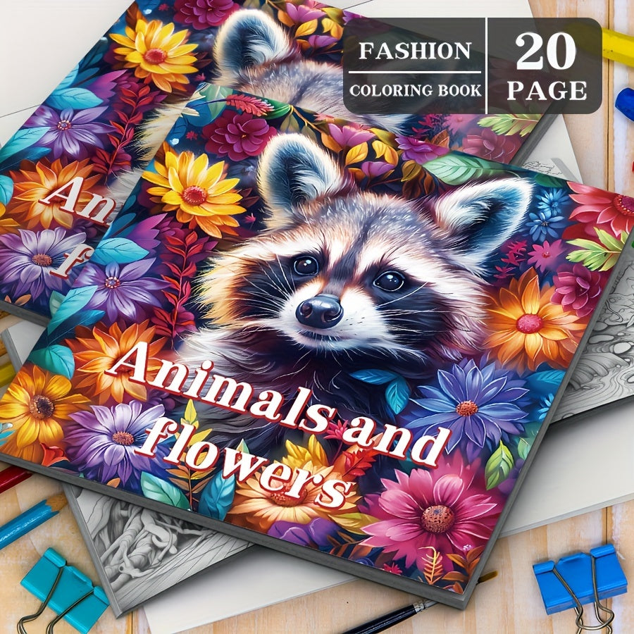 Deluxe Adult Coloring Book with Animal & Flower Designs, 20 Pages, Raccoon Cover