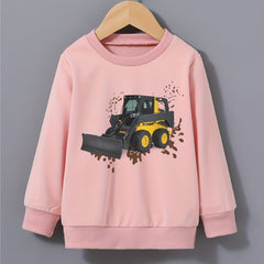 Excavator Mud Road Print Boys Sweatshirt Long Sleeve Crew Neck Tops