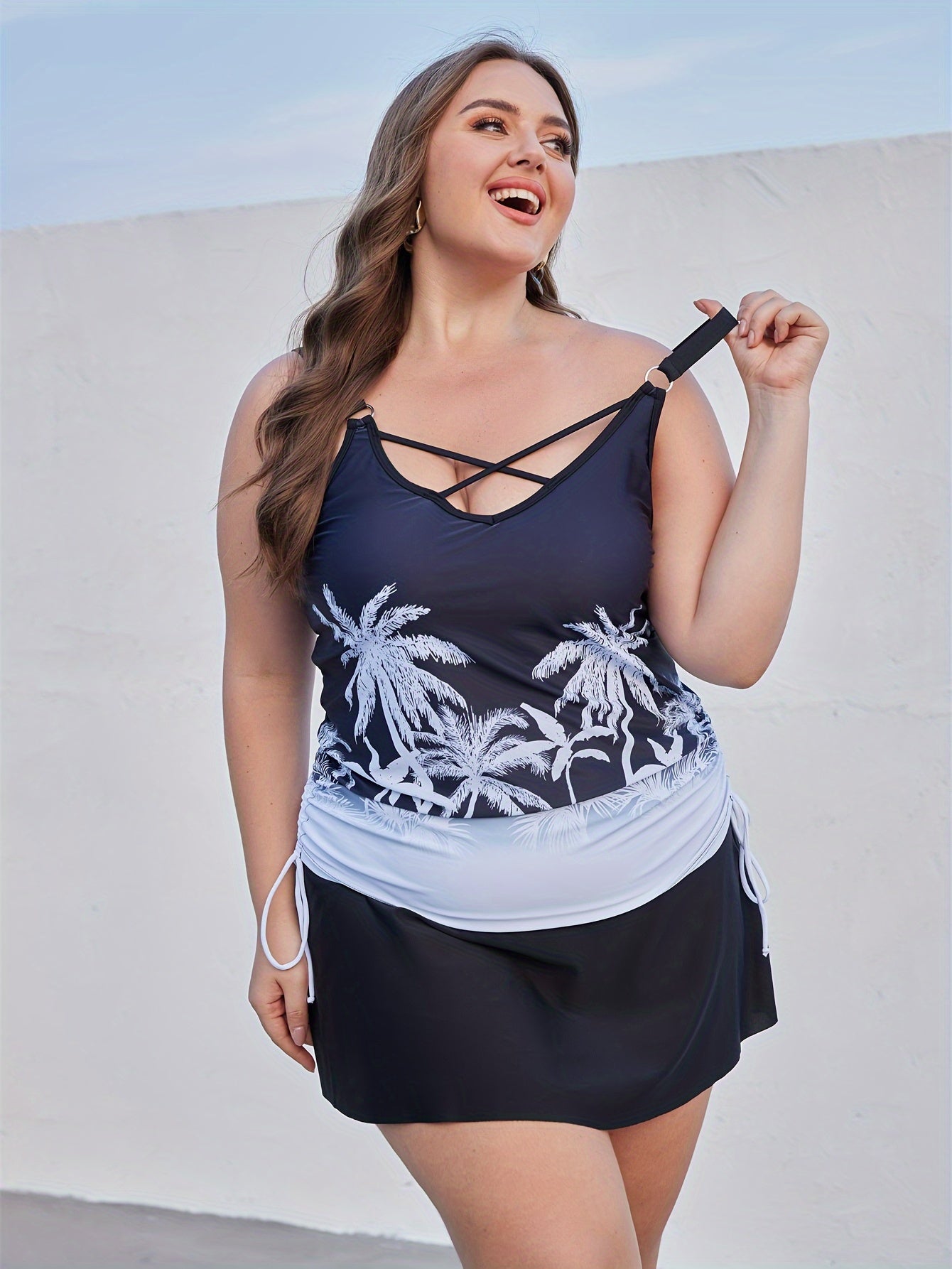 Tropical Print Tankini Set Lace Up Cami Top & Skirt Swimsuit
