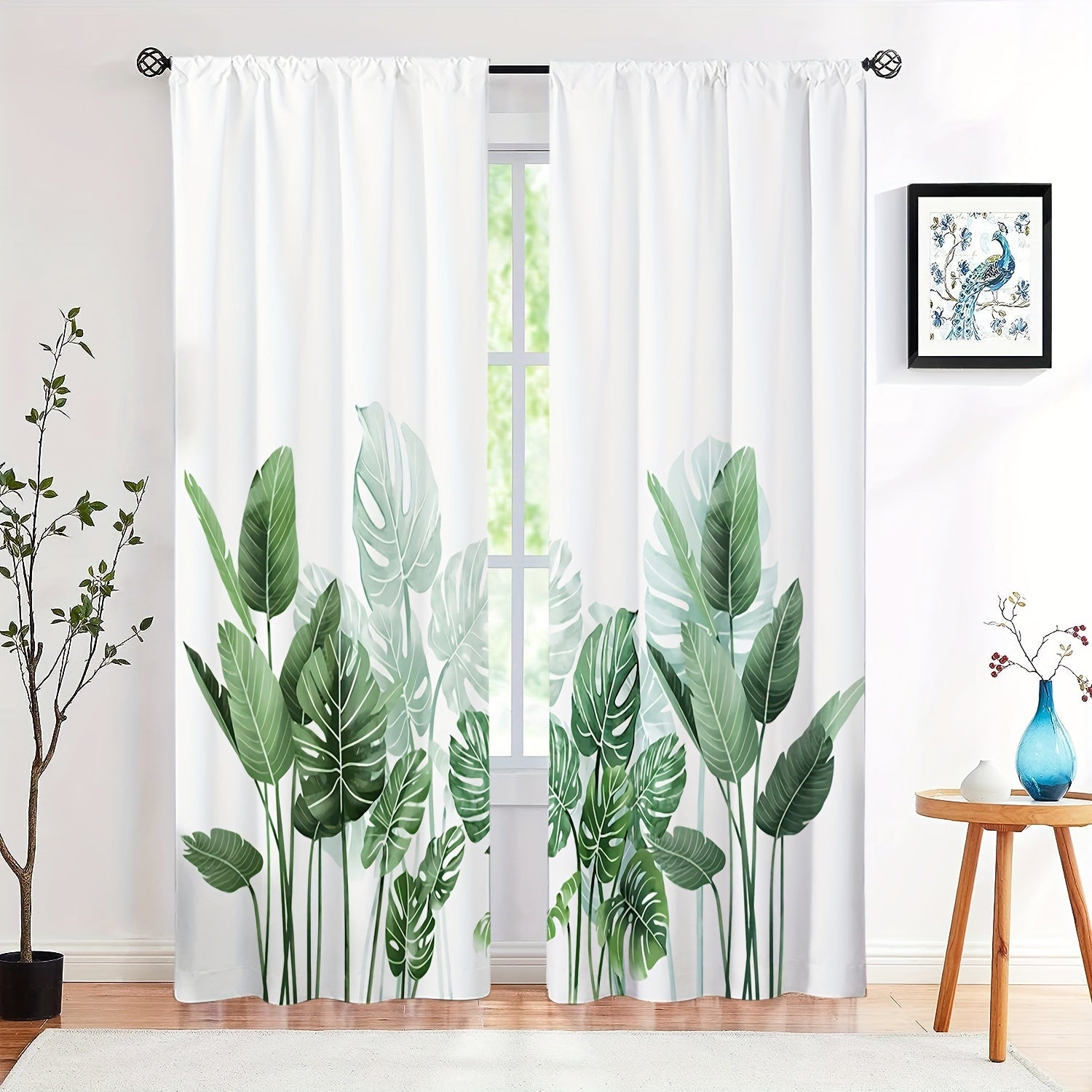Palm Leaves Printed Window Curtain Rod Pocket Semi Blackout Decorative Curtains