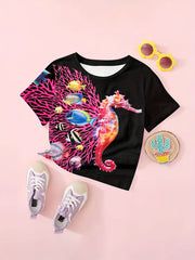 Seahorse Graphic Short Sleeve T shirt For Girls Summer Gift