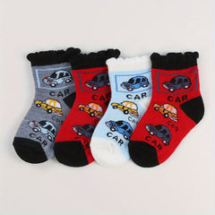 6pairs Baby Boys Crew Socks Cartoon Car Pattern Socks Toddler Children's Socks