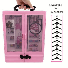 Pink Doll Wardrobe 10 Hangers Fashionable Foldable Hangers Doll Furniture Access