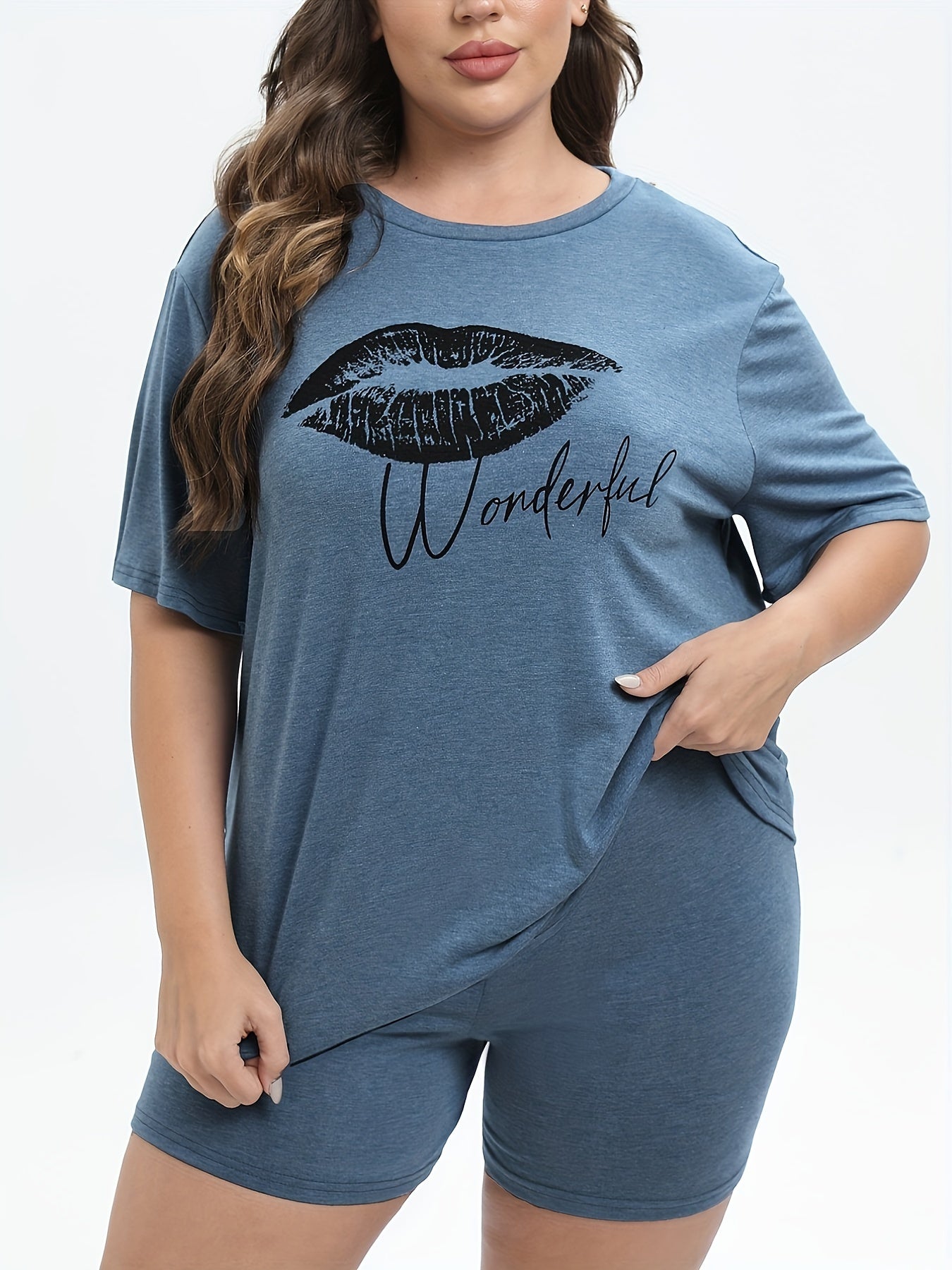 Kiss & Letter Print Tee & Biker Shorts Pajama Set