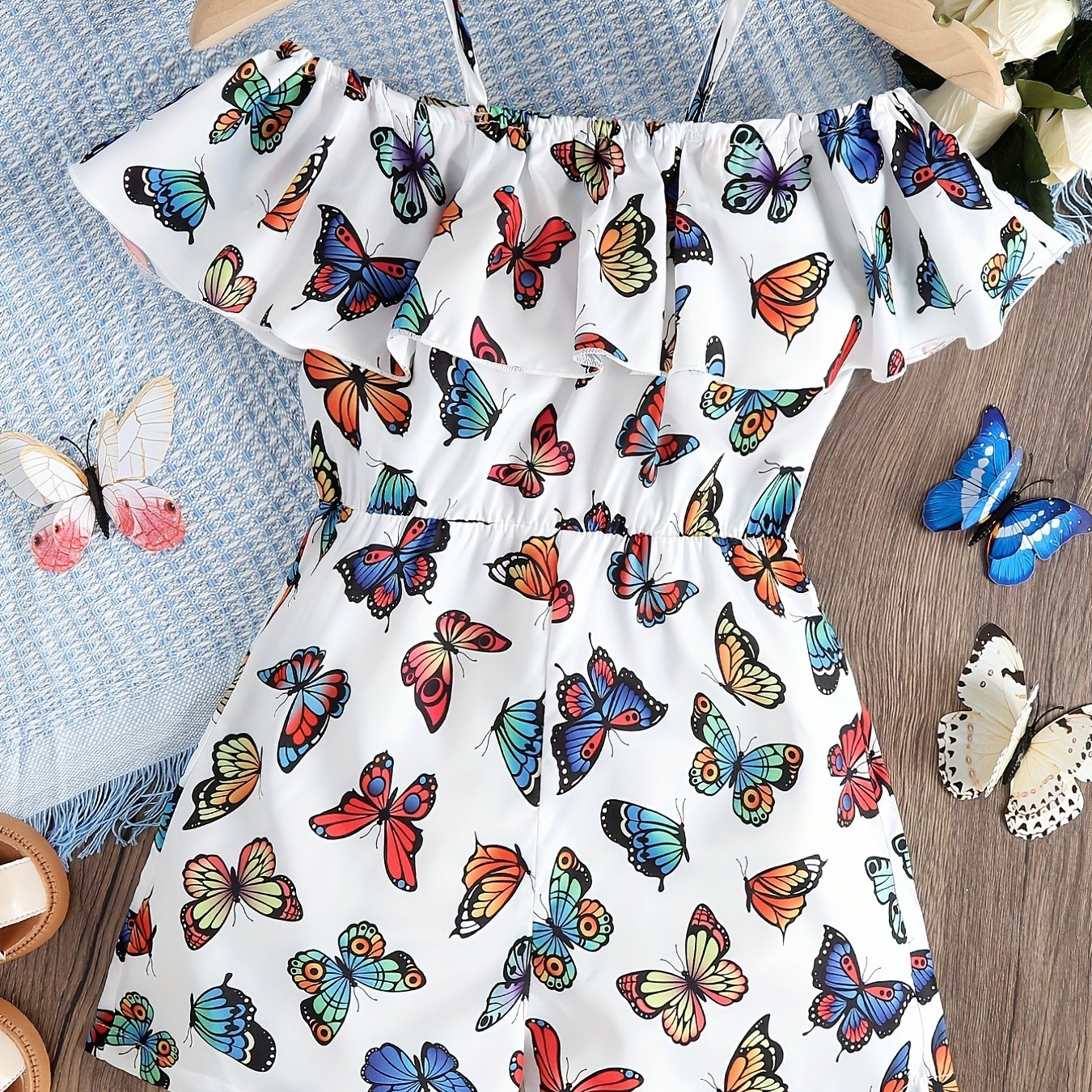 Girls Butterfly Graphic Cold Shoulder Ruffle Trim Romper Jumpsuits