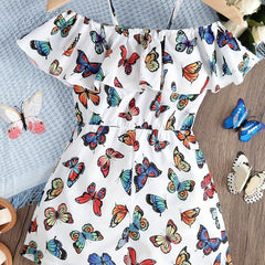 Girls Butterfly Graphic Cold Shoulder Ruffle Trim Romper Jumpsuits