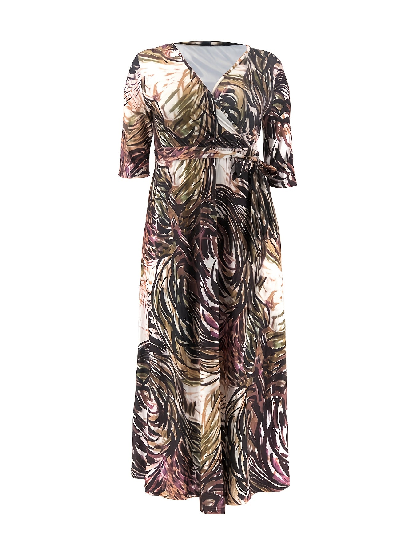 All Over Print V Neck Long Sleeve Wrap Maxi Dress Women's Plus Medium