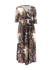 All Over Print V Neck Long Sleeve Wrap Maxi Dress Women's Plus Medium