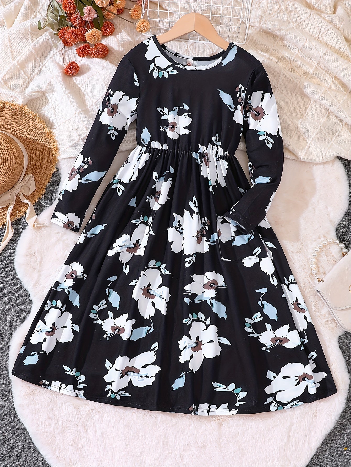 Girls' Retro Floral Print Long Sleeve Dress With Belt