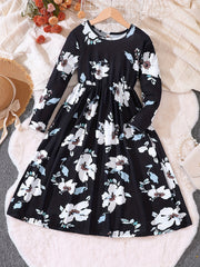 Girls' Retro Floral Print Long Sleeve Dress With Belt