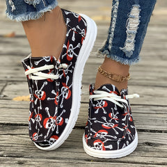 Women's Skull Pattern Lace-up Canvas Shoes Low Sporty Flats Lightweight
