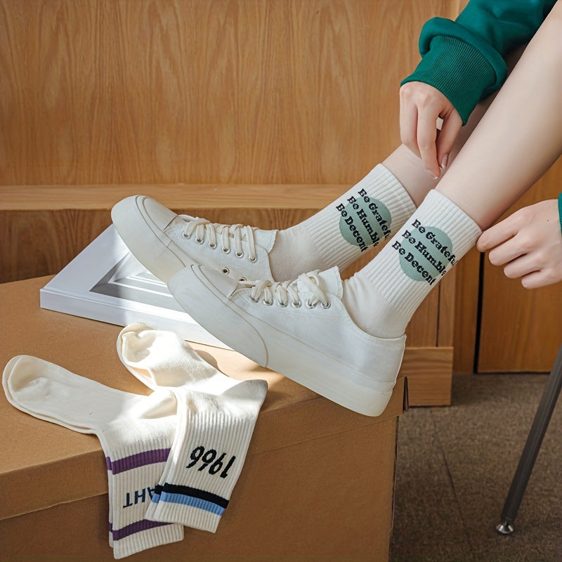 5 Pairs Letter Print Socks Comfy & Breathable Women's Stockings