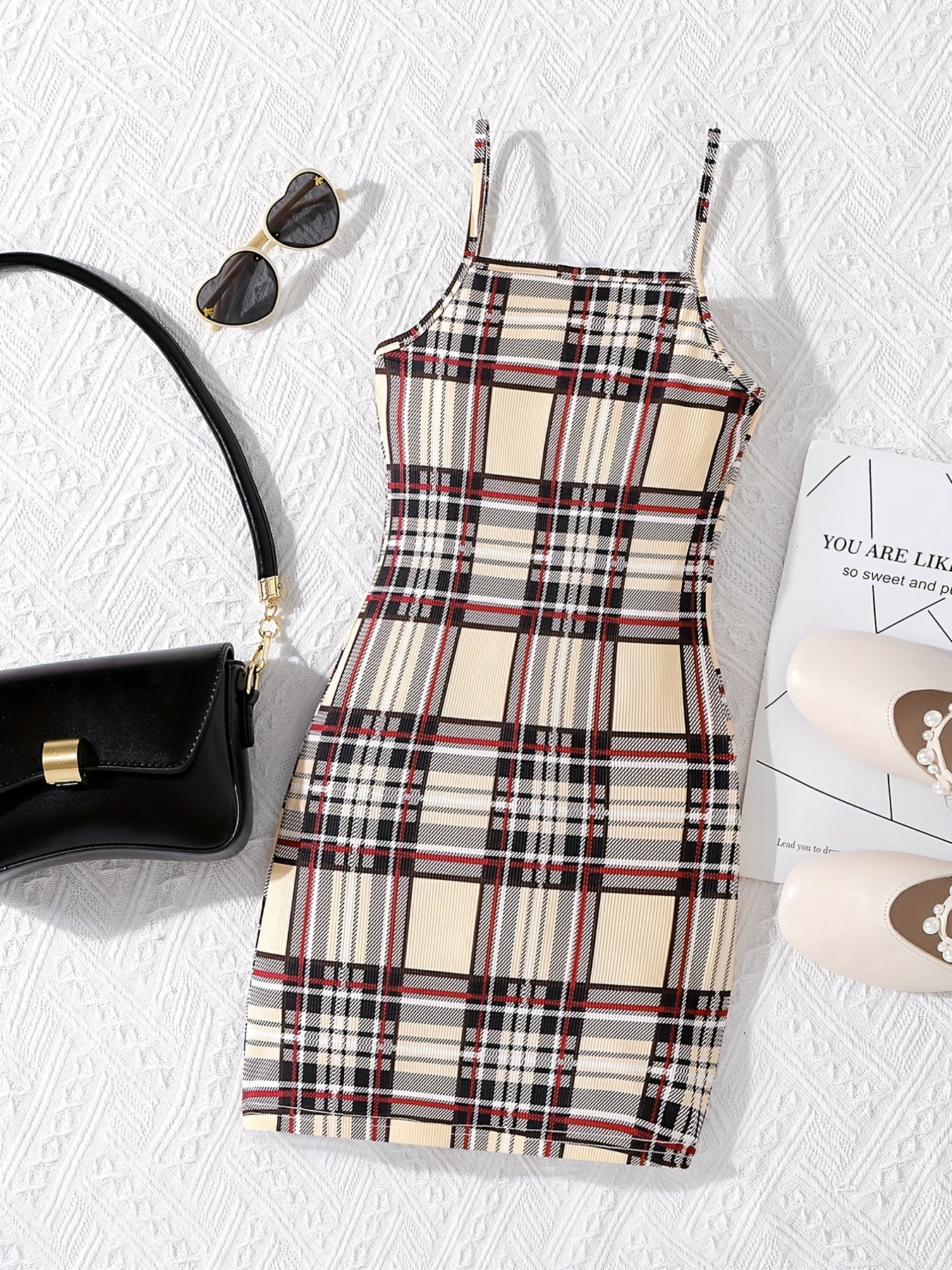 Plaid Print Square Neck Spaghetti Strap Bodycon Dress
