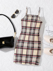 Plaid Print Square Neck Spaghetti Strap Bodycon Dress