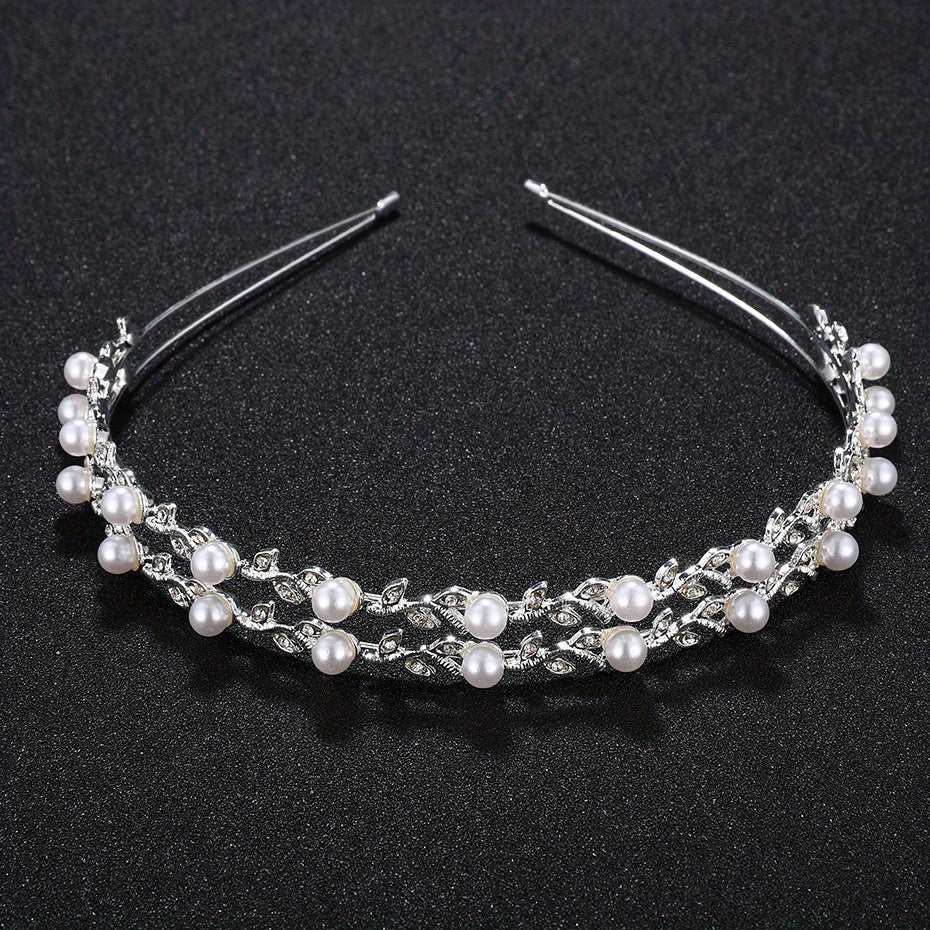 Pearl Rhinestone Headband Double Layer Hair Band Bridal Wedding Hair Access