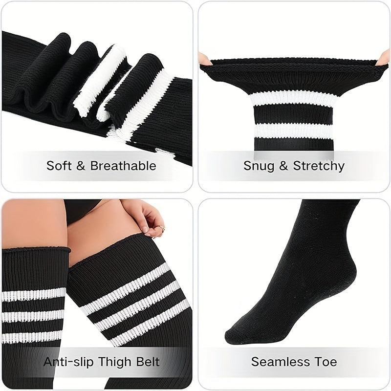 Sporty Thigh High Socks Women's Plus Solid & Striped Anti slip