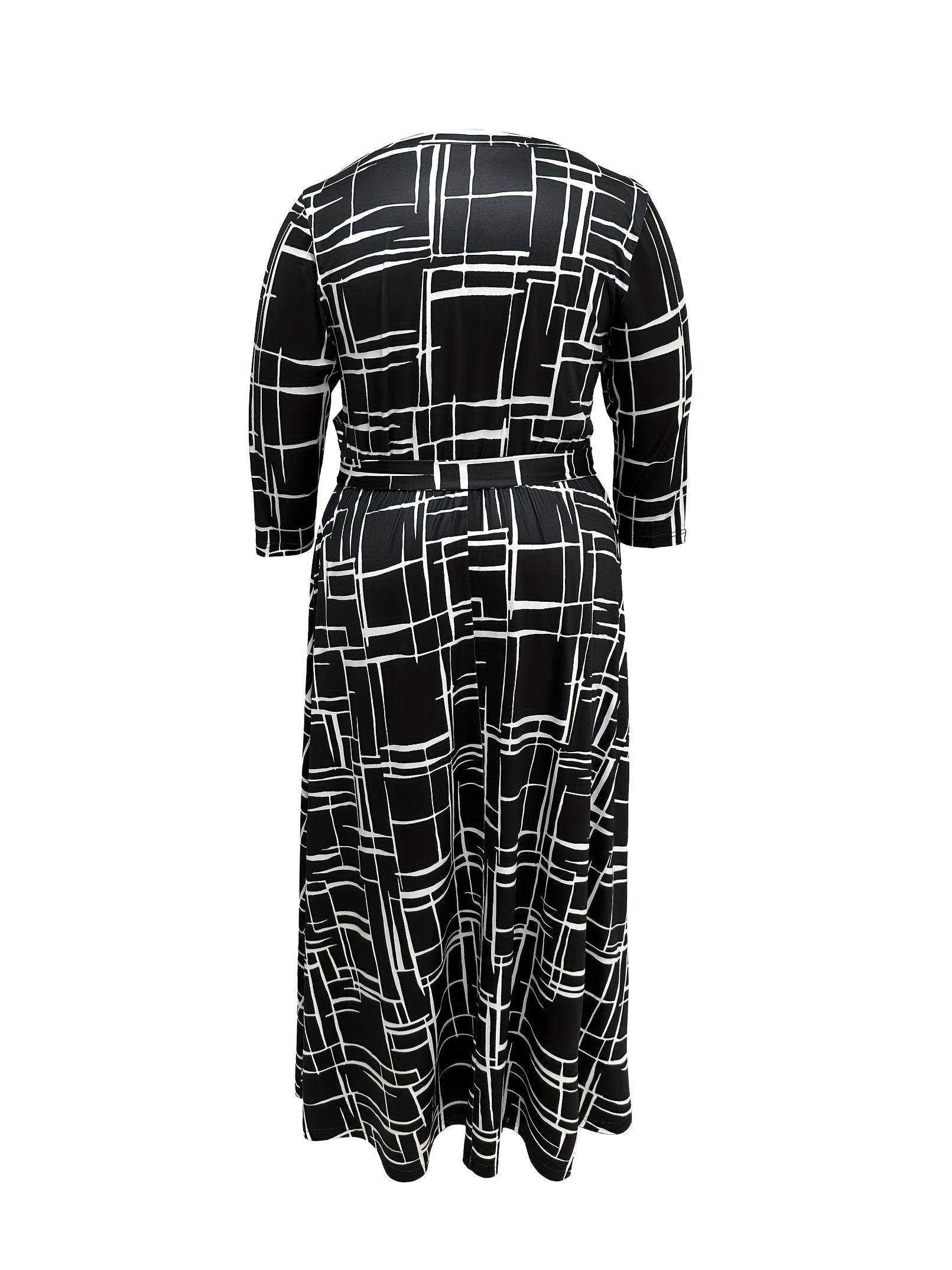 Geometric Print Long Sleeve Maxi Dress With Belt