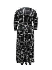Geometric Print Long Sleeve Maxi Dress With Belt