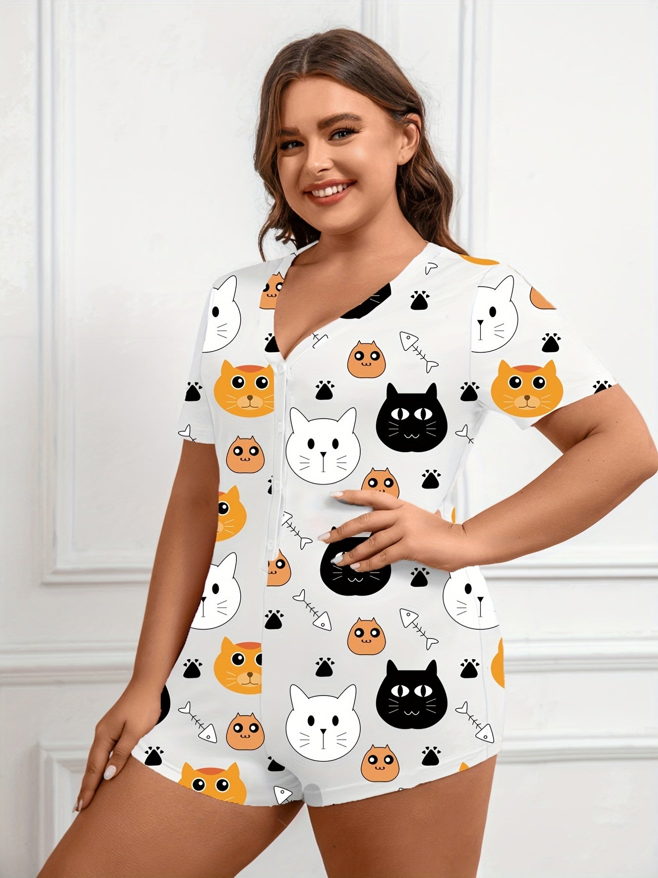 Cartoon Cat Print Pajama Romper Women's Bodysuit