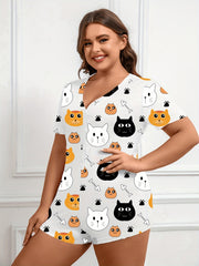 Cartoon Cat Print Pajama Romper Women's Bodysuit