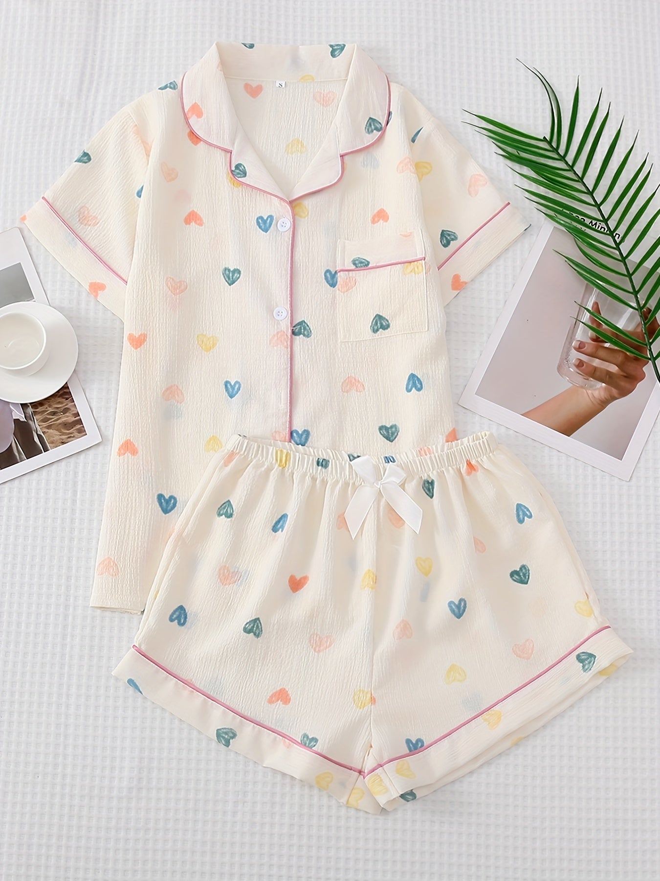 Heart Print Pajama Set Short Sleeve Lapel Buttons Top & Elastic Waistband Shorts