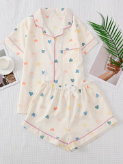 Heart Print Pajama Set Short Sleeve Lapel Buttons Top & Elastic Waistband Shorts