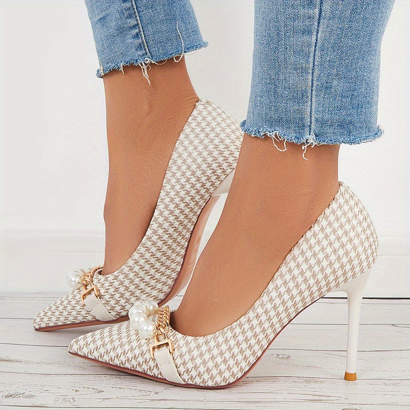 Houndstooth High Heels Faux Pearl Chain Pointed Toe Stiletto Heels