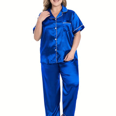Party Pajamas Set Women's Plus Satin Shirt & Pants 2 Piece Set