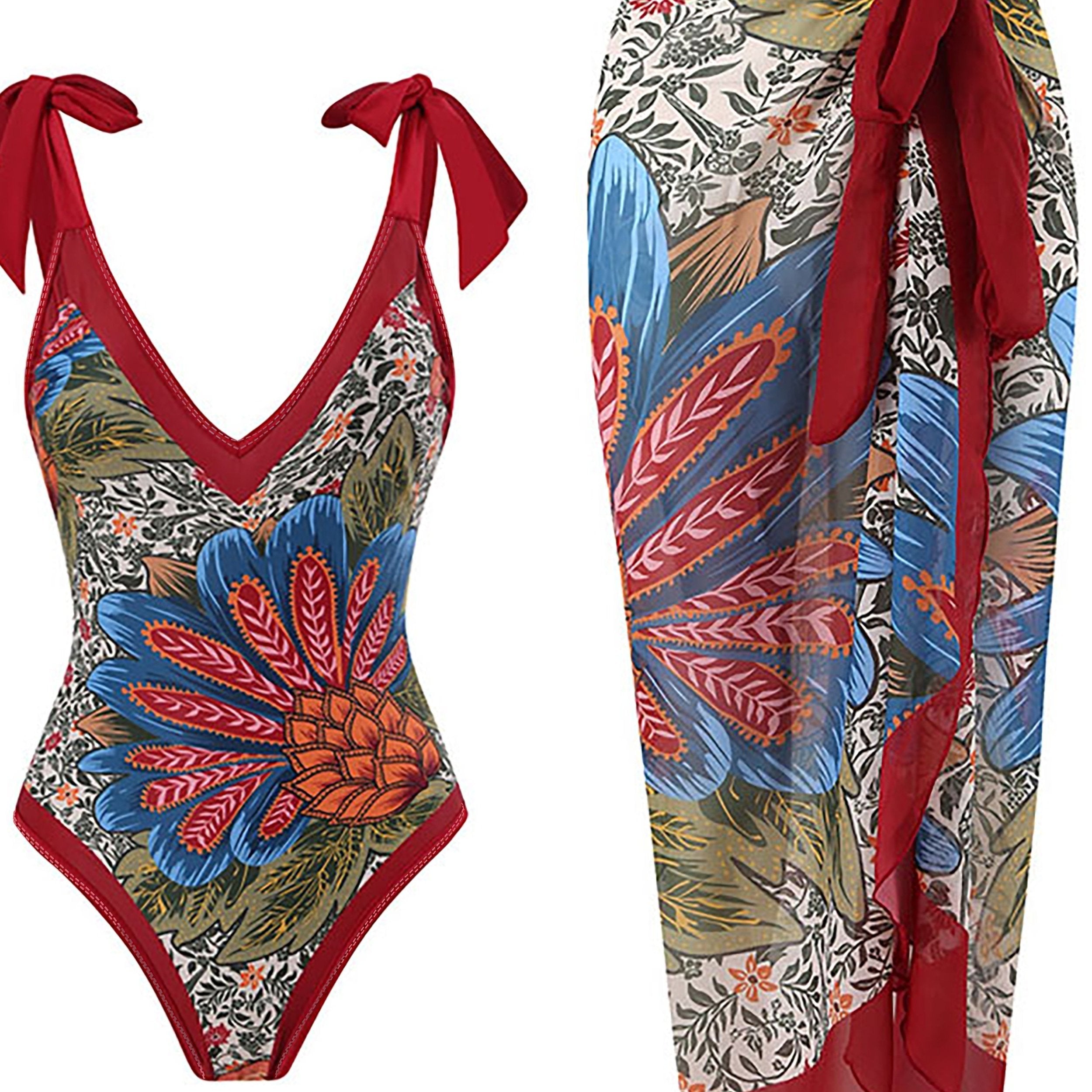 Floral Print Tie Shoulder One Piece Swimsuit & Wrap Maxi Cover Up Dress