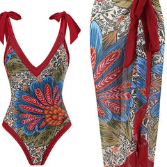 Floral Print Tie Shoulder One Piece Swimsuit & Wrap Maxi Cover Up Dress