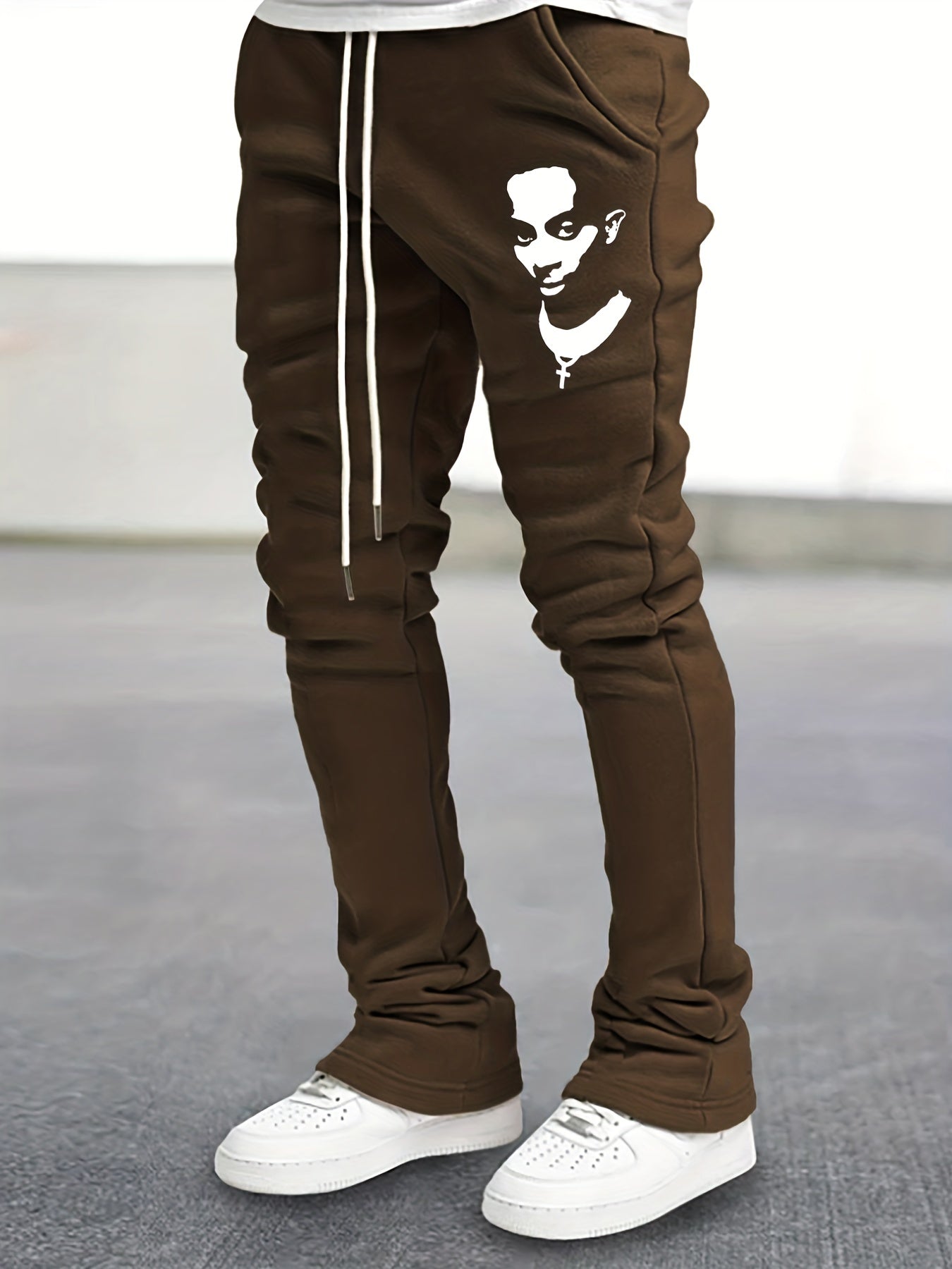 Men's Drawstring Bell bottom Pants Portray Pattern Casual Slim Pants