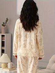 Rabbit Print Pajama Set Long Sleeve Crew Neck Top & Pants
