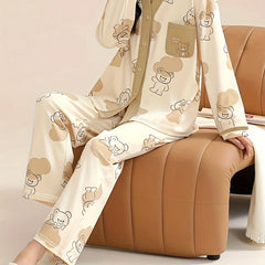 Bear Print Pajama Set Long Sleeve V Neck Buttons Top & Pants