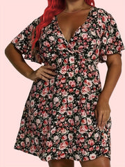 Rose Print Short Sleeve V Neck Dress