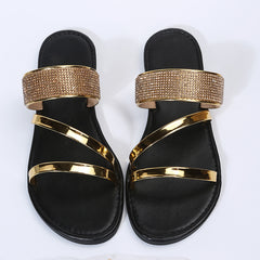 Women's Rhinestone Flat Sandals Open Toe Slip On Slides Shoes