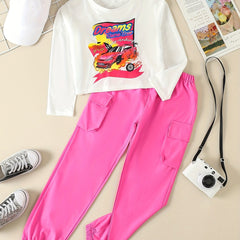 Girls 2pcs Comfy Outfits Crew Neck Long Sleeve Pullover Top Cargo Pants Set