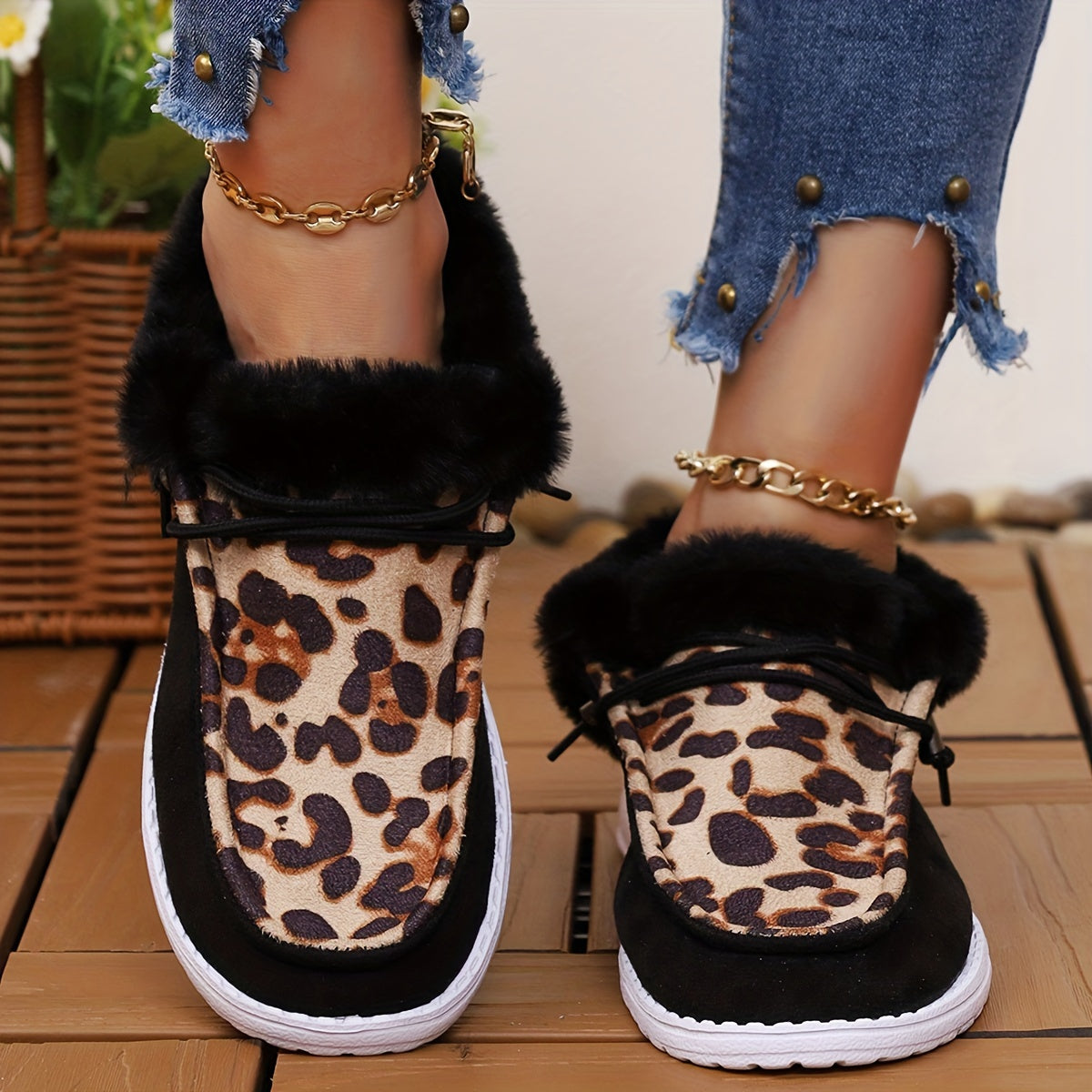 Leopard Slip On Low Top Round Toe Lace Up Casual Shoes