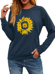 Sunflower Print Crew Neck Pullover Casual Loose Long Sleeve Sweatshirt
