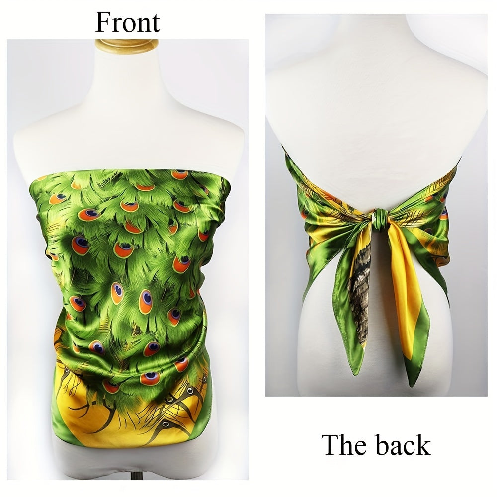Peacock Printed Square Scarf Silk Satin Scarf Multifunction Sunscreen Shawl